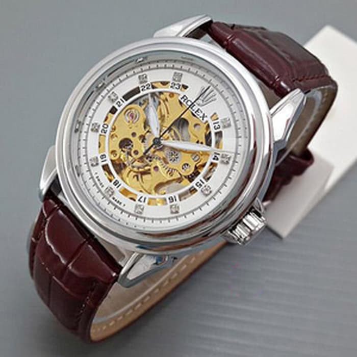 Jam Tangan Pria / Cowok Rolex Kulit Automatic Diamond Murah Automatic - Coklat Putih