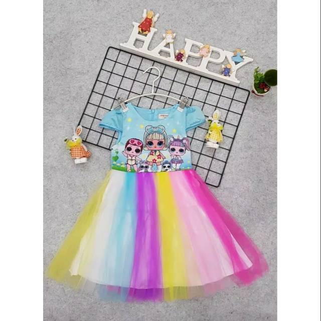 Kostum dress baju anak perempuan LOL unicorn rainbow