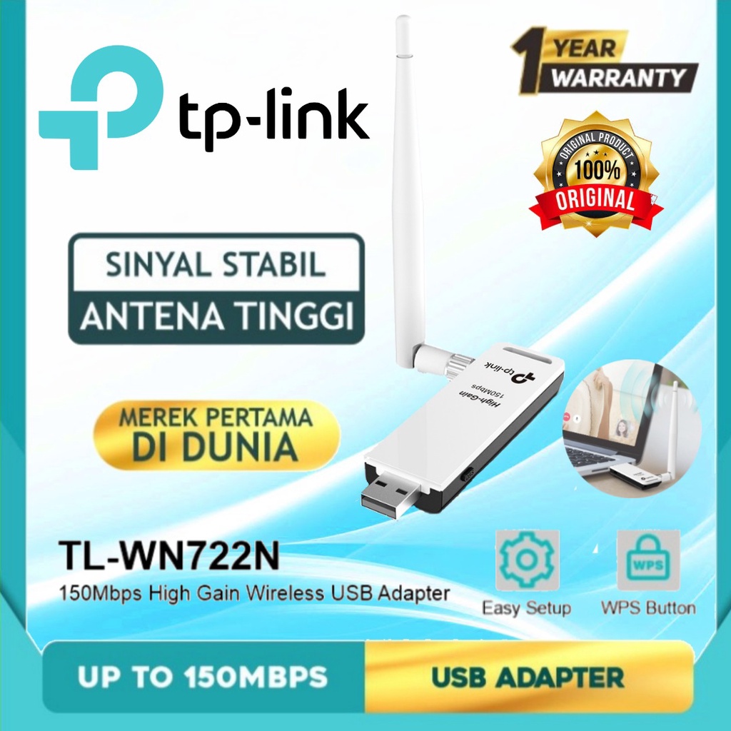 USB Wifi Tp-Link WN722N 150mbps High Gain Wireless Usb Adapter With Athena Untuk PC Laptop WN722 722n Connection Windows (11/10/8.1/8/7/XP) Mac OS 10.6 &amp; Later Versions Original Garansi Resmi Tp Link Tplink 1 Tahun