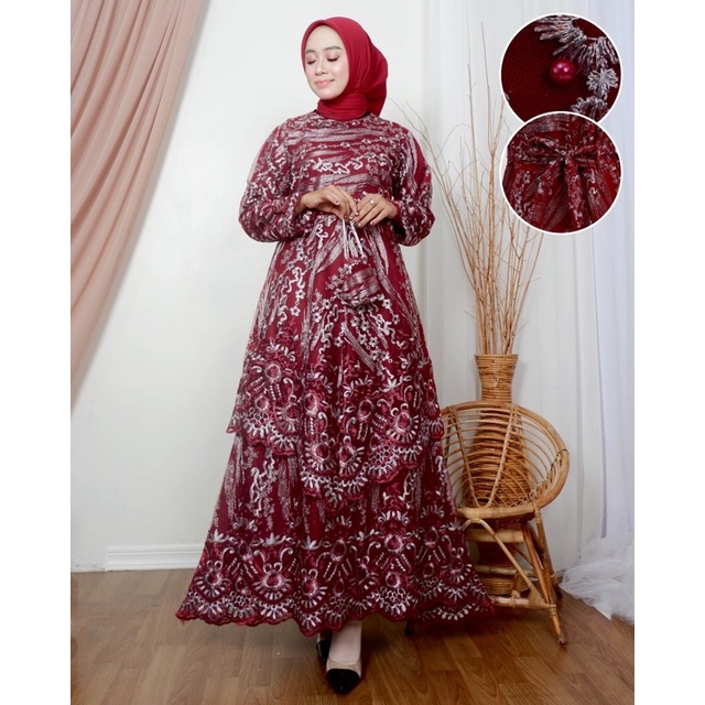 Gamis Tile Bordir|Gamis Tile Runcing|Gamis Tingkat Tile|Gamis Pesta Jumbo|Gamis Kondangan Mewah|Gamis Kebaya Brukat Modern|Gamis Pesta Mewah|Gamis Tingkat Busui|Gamis Bordir Mewah|Gamis Brukat Mewah|-Maroon