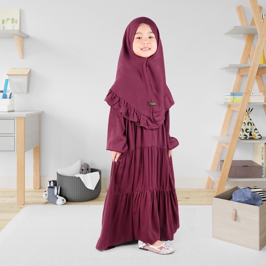 Set Gamis Rayya Muslim Anak Usia 1 2 Tahun Ruffle Bahan Rayyon Twill Maroon