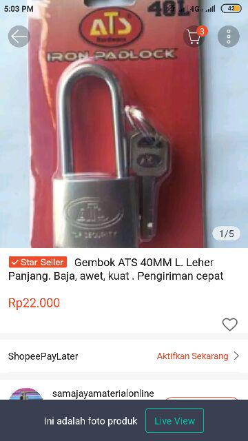 Gembok Ats 40mm L. Leher Panjang. Baja, Awet, Kuat . Pengiriman Cepat