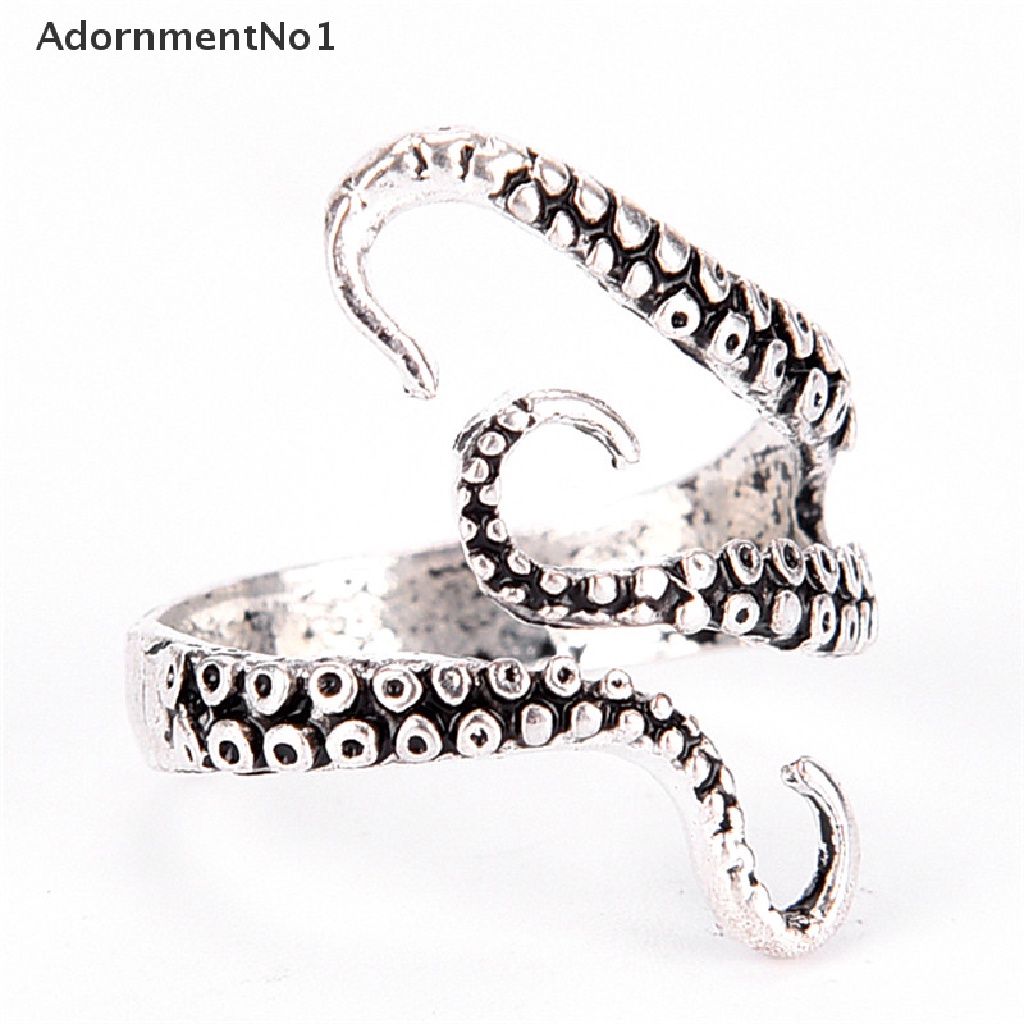 (AdornmentNo1) Cincin Terbuka Adjustable Model Monster Laut / Gurita Warna Silver Gaya Punk Vintage Untuk Wanita