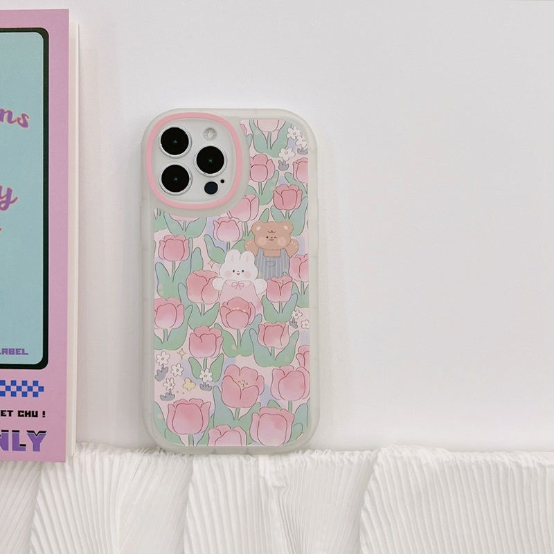 Lucu Tulip Bear &amp; Kelinci Ins Pretty Big Eyes Silicone Soft Case IPhone 7 8 Plus X XR XS Max IPhone 11 Pro Max 12 13 Pro Max SE 2020 Cover