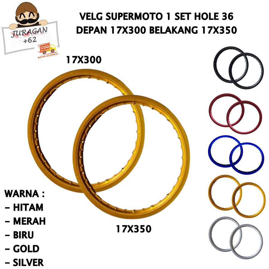 VELG SET SUPERMOTO RING 17 300 350 17x300 17x350 HOLE 36 PELEK VELEG SUPER MOTO 17-300 17-350 KLX DTRACKER D TRACKER CRF WR