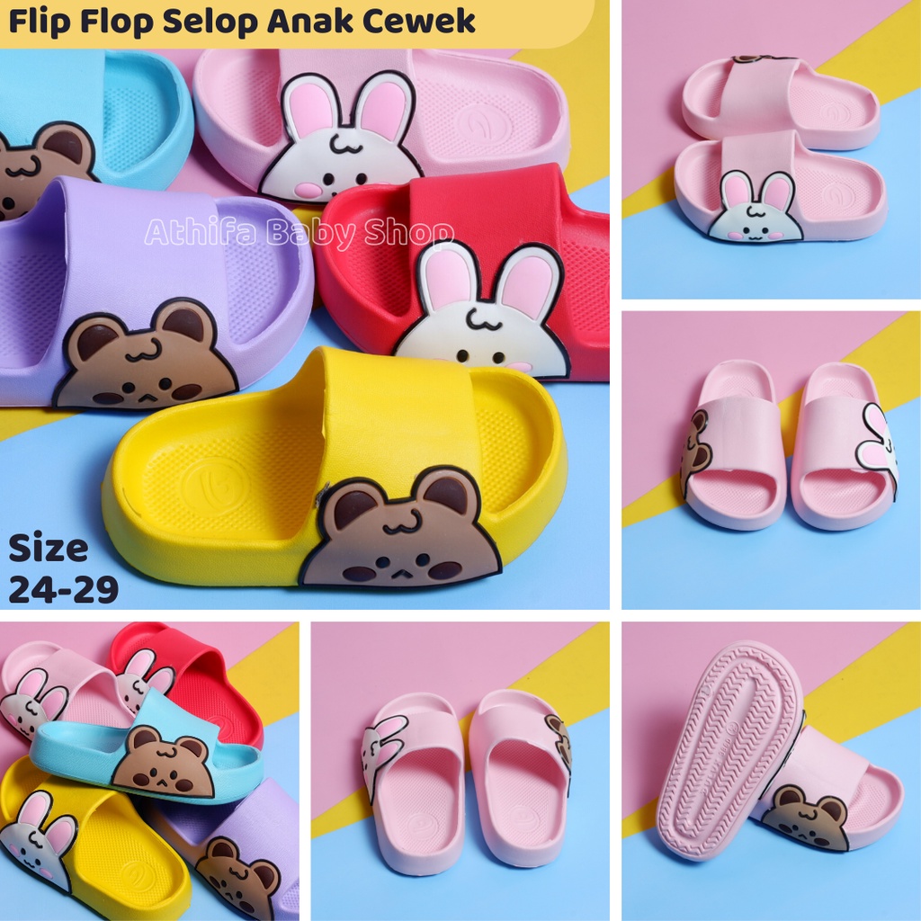 Sandal Slop Flip Flop Anak Perempuan Selop Anak-anak Cewe Cewek Sendal Bayi Balita Karakter Kelinci Beruang Panda Lucu Usia 1 2 3 4 5 Tahun Size 24-29 -Dulux 386D-