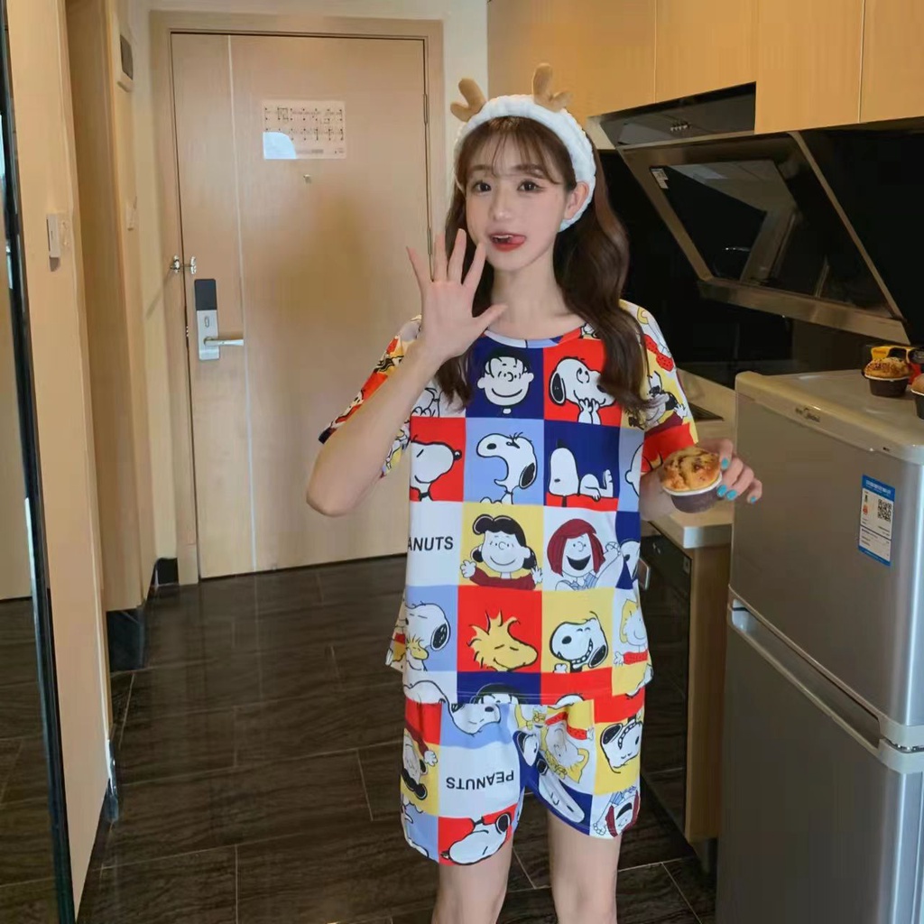 Piyama Baju Tidur Import Wanita Fashion Sleepwear Spandex Stelan Rumah Baju Santai Celana Pendek z-HP-Snoopy Kotak