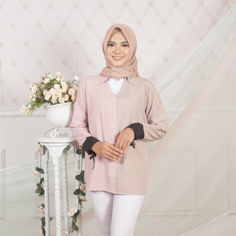 Nouri Avani Kemeja Blouse Soft Mocca baby Pink Crepe Premium