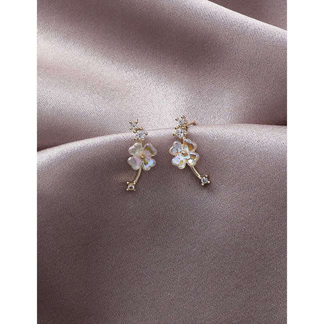 LRC Anting Tusuk Fashion 925 Silver Needle Rhinestone Flower Shell Earrings D24608