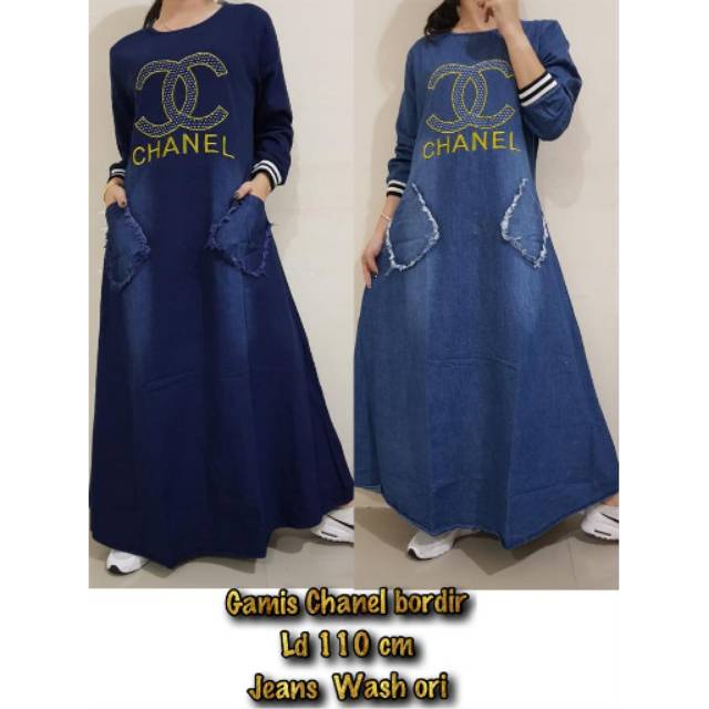 Gamis Chanel Bordir Jeans Wash Ori