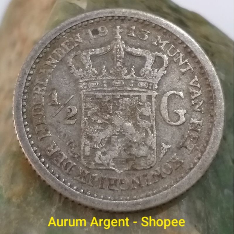 SWILH0.5G-9.. 1 PC KOIN PERAK KUNO ASLI 1/2 GULDEN WILHELMINA TH.  1913. -- SILVER COIN --