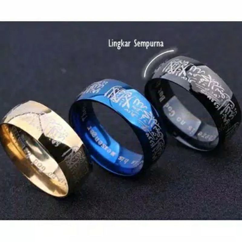 Fourfashion Cincin Tauhid Muslim Pria Wanita Anti Karat Warna Emas Biru Silver Hitam Islam Kaligrafi