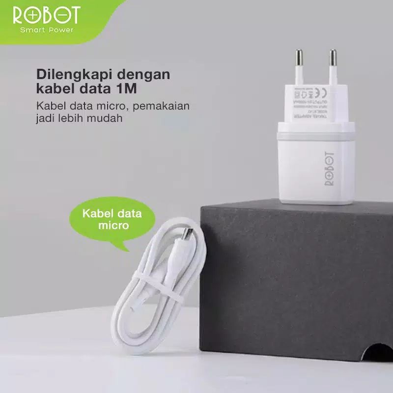 Charger ROBOT RT-K7 ORIGINAL Quick Charge +Kabel Data 1M Fireproof Charger Putih