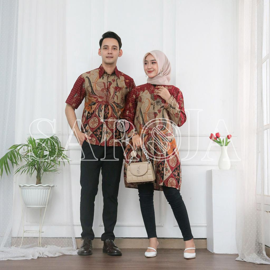 SAROJA | Couple Tunik Keluarga Alisa Merah | Couple Tunik Batik | Couple Tunik Pasangan | Couple Tunik Ibu Anak Perempuan | Dress Lengan Panjang