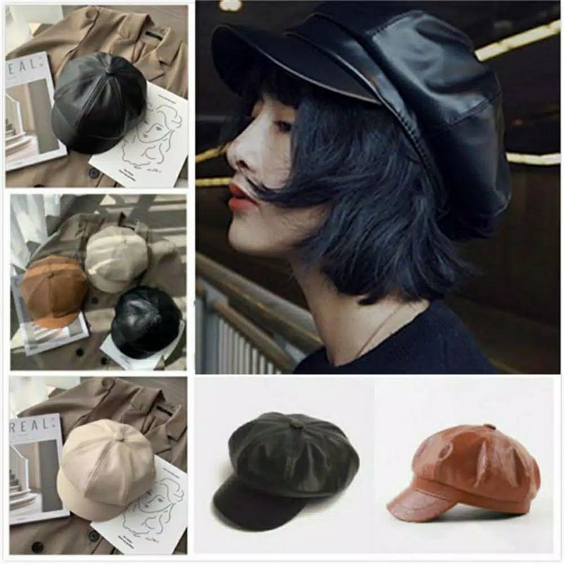 Topi Wanita Korea Polos Bahan Kulit