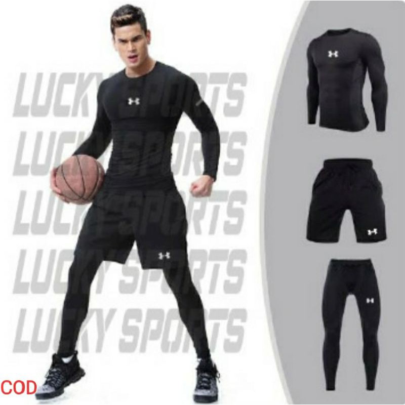 3in1 set setelan pakaian olahraga pria /baju baselayer manset boxser olahraga futsal fitnes gym pria