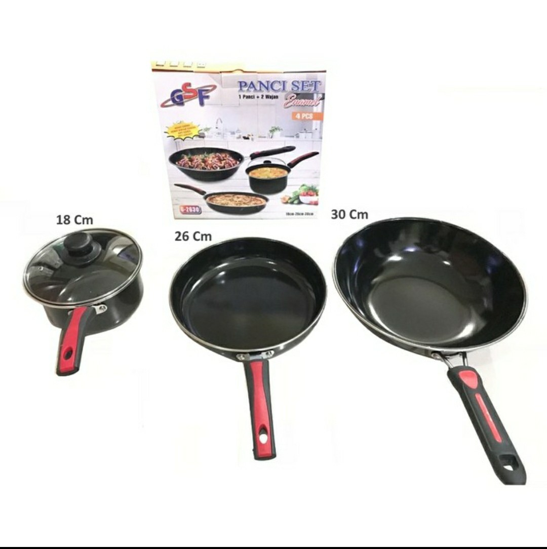 Panci Set Enamel Gsf G-2630 Frypan Tutup Kaca Wajan Wok Dan Saucepan