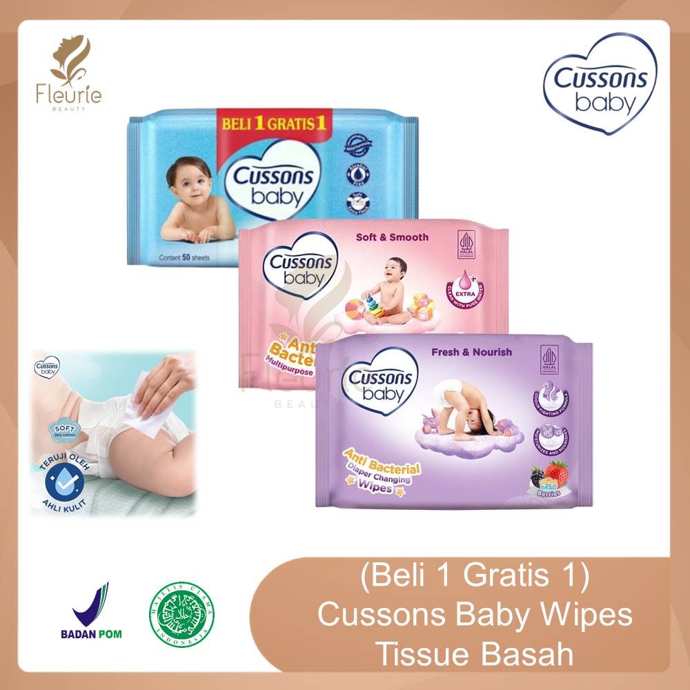 (Beli 1 Gratis 1) Cussons Baby Wipes Tissue Basah 45s -  Tisu Basah Pink Soft &amp; Smooth / Biru Mild &amp; Gentle /  Ungu Fresh &amp; Nourish