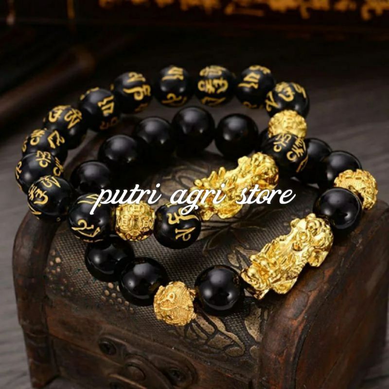 Gelang Natural Obsidian Black Resin Fengshui Charm Pixiu Naga Emas