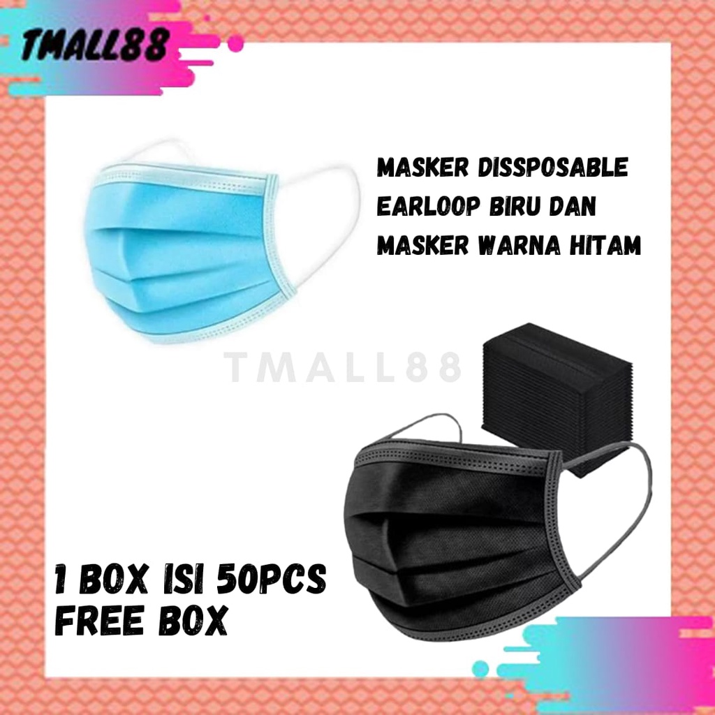 ♥TMALL88♥ MASKER Disposable 3PLY 1 BOX 50 PCS/MASKER BIRU/MASKER HITAM NO BOX