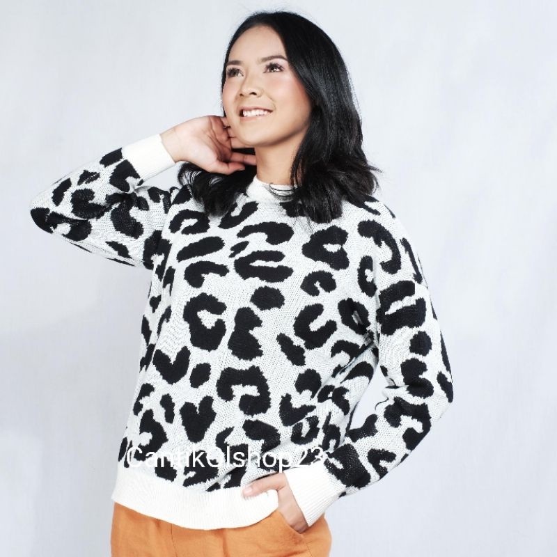 CS049 Sweater Rajut Wanita Vintage Motif Leopard Premium Cheetah