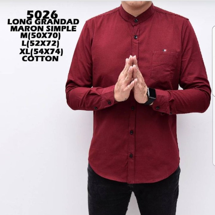 Trend Kemeja pria lengan panjang maroon koko kerah Shanghai