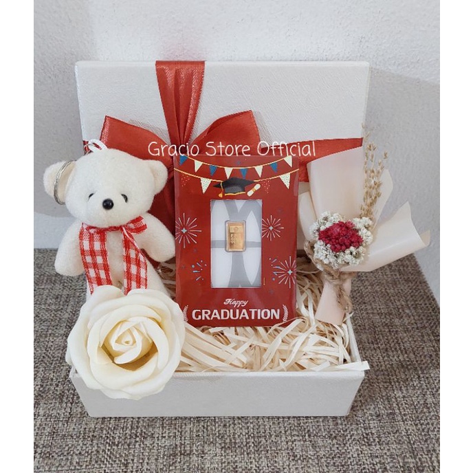 GIFT BOX SPESIAL GRADUATION NUANSA CREAM ROSE GOLD HAMPERS LOGAM MULIA ANTAM 1 GR