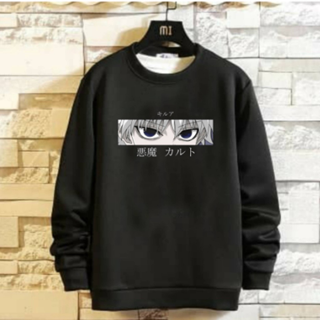 Sweater Crewnek Basic Anime Jepang Killua Zoldyck Hunter X Hunter Distro Keren Warna Hitam Pria Wani