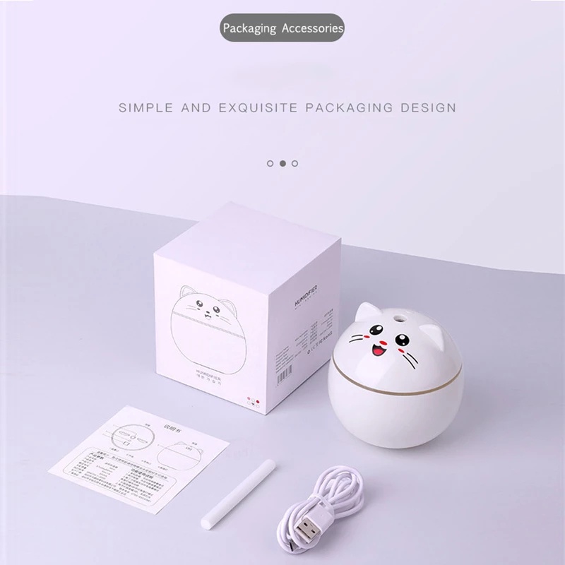 [300ml Mini Lucky Cat Humidifier With Color Night Light] [Cute Portable USB Air Purifier] [Ultrasonic Aromatherapy Atomizer] [Home &amp; Office &amp; Car Atomizer]