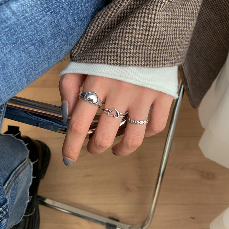 Korean Retro Love Heart Hollow Out Open Rings Female INS Trend Sweet Handmade Hip-hop Fashion Hip-hop Ring Silver Color