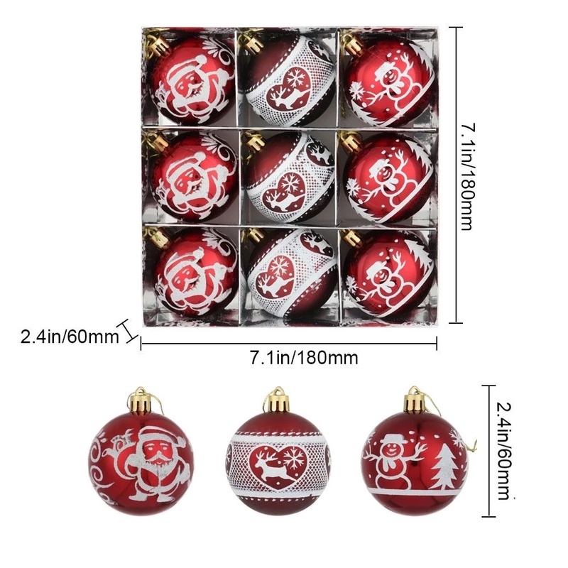 9 Pcs Set 6cm Round Hand Painted Christmas Ball Set For Christmas Tree / Christmas Tree Decoration Hanging Ball Ornaments Accessories / Traditional Gift Box Red and White Christmas Tree Ornaments