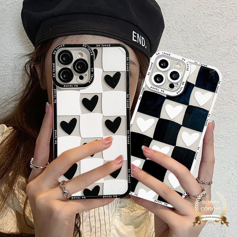 IPHONE Pasangan Kotak-Kotak Soft Tpu Case Untuk Iphone14 13 11 12 pro Max6 6s 8 7 plus XR X XS Max SE Cinta Hati Belakang Full Cover