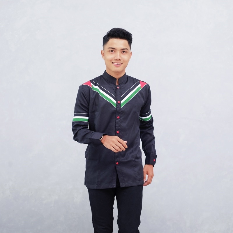 Baju Koko Pria Lengan Panjang Motif Palestina Warna Hitam Premium Original