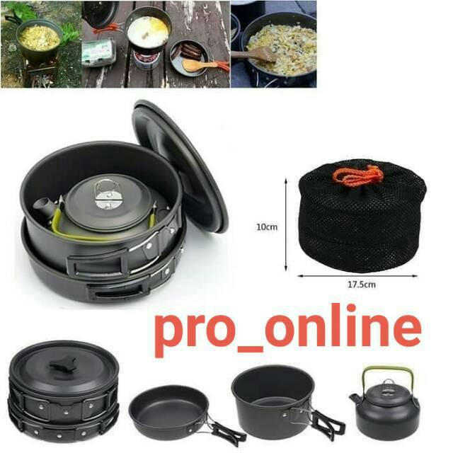 Cooking Set Plus Teko DS-308 Nesting 3-4 Person Camping Outdoor Alat Masak Teko / Ceret Dan Wajan