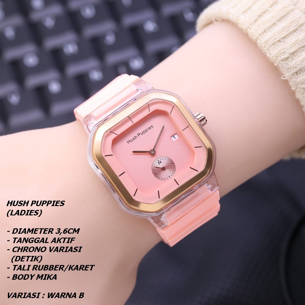 JAM TANGAN WANITA HUSH PUPPIES TALI RUBBER BODY SEGI TANGGALAKTIF CHRONO DETIK AKTIF