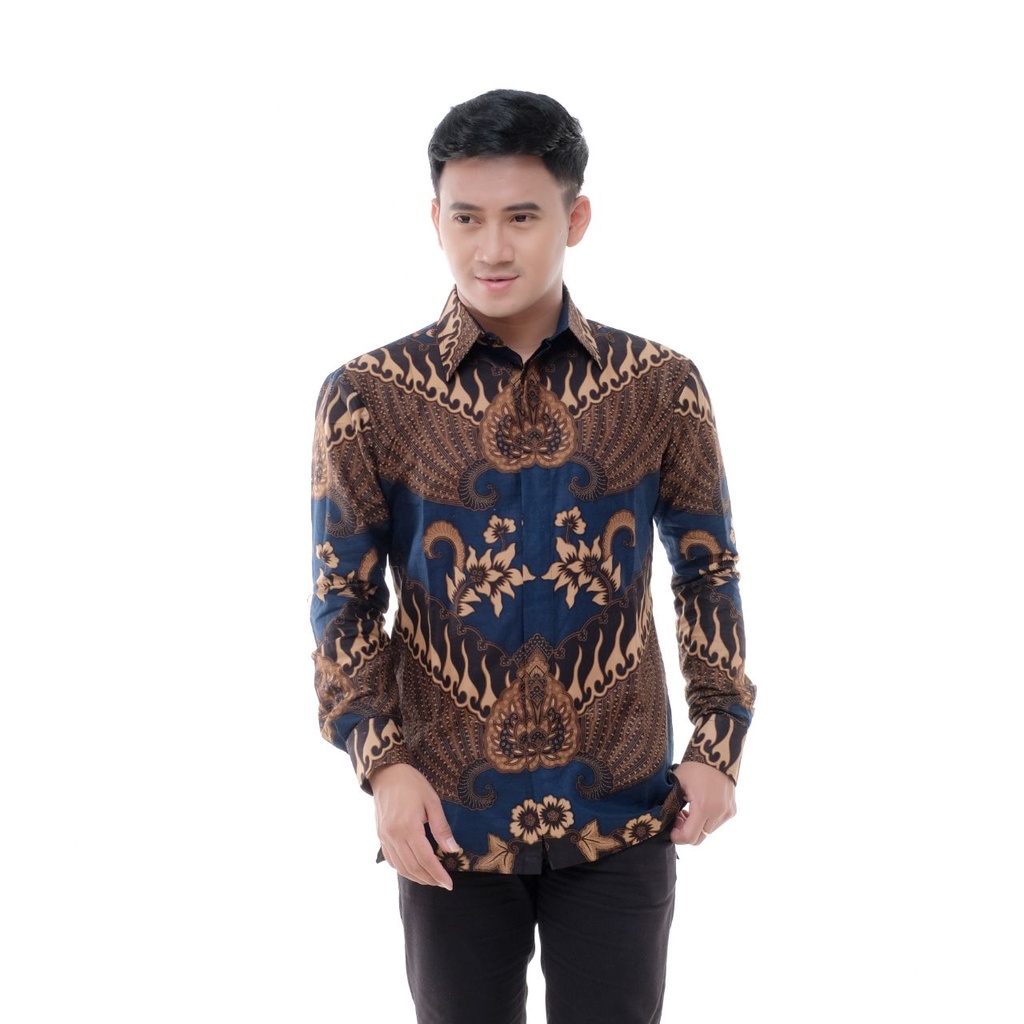 Batik Pria Lengan Panjang BATIK BERKAH HRB026 motif KERATONAN Kode 002 size M L XL XXL Reguler-garuda biru