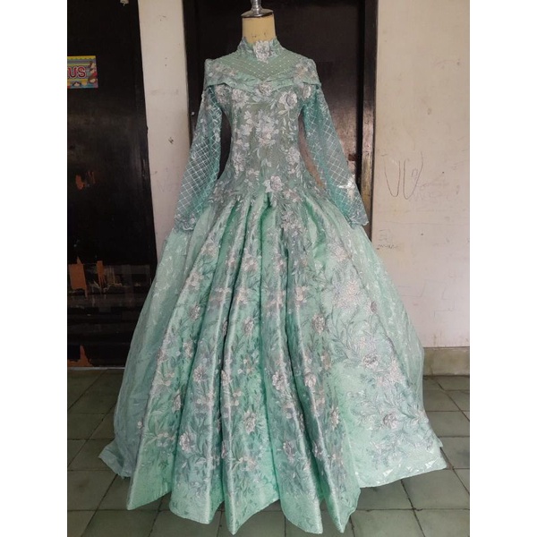 Gaun Pengantin Wanita Warna Hijau Tosca / Hijau Wardah Ekor Panjang