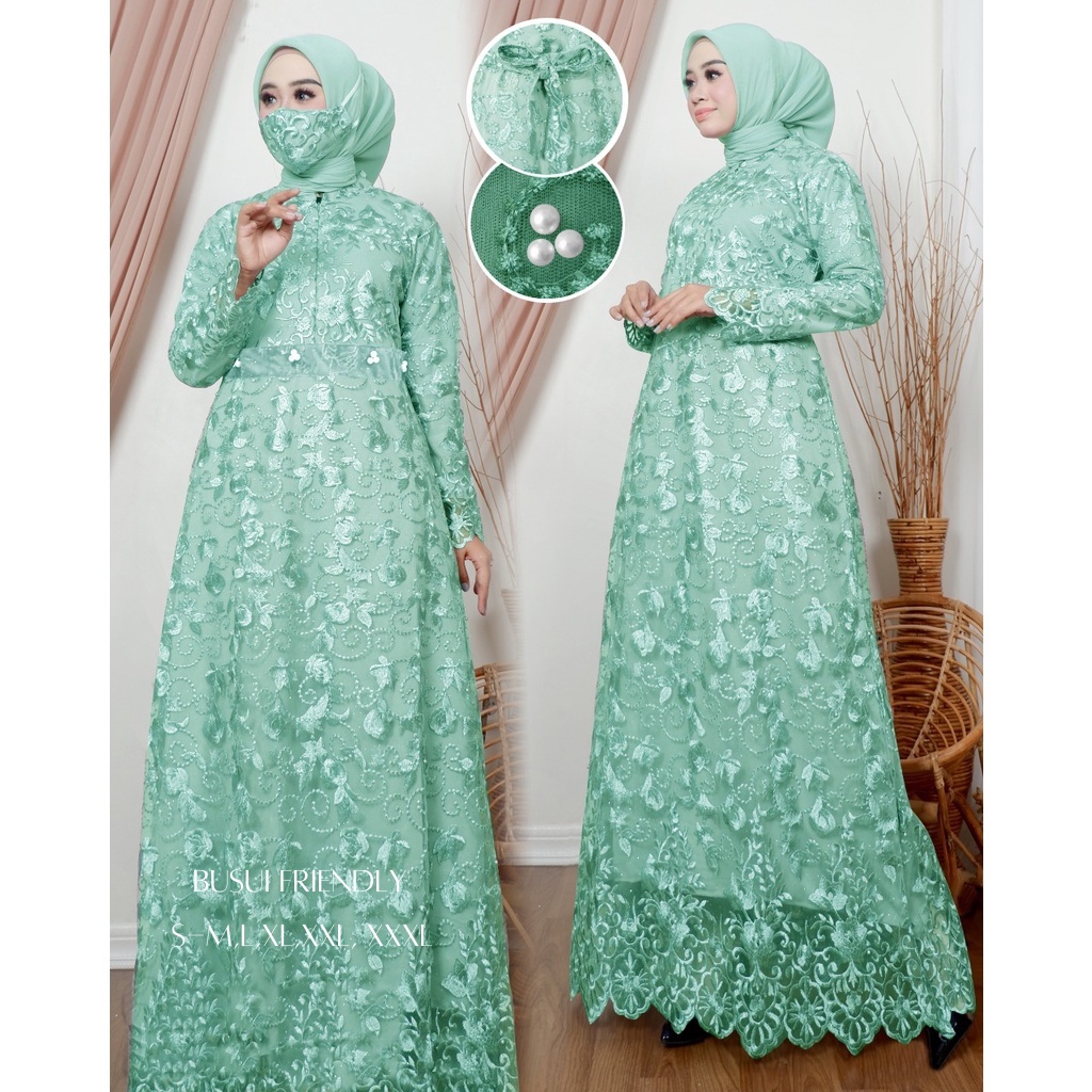 Gamis Haira Termurah (Free Masker Brukat) Gamis Lebaran Full Brukat Tile Mutiara  / Size S-M, L , XL, XXL,XXXL  / Gamis Pesta / Gamis Kondangan / Gamis Brokat Muslimah