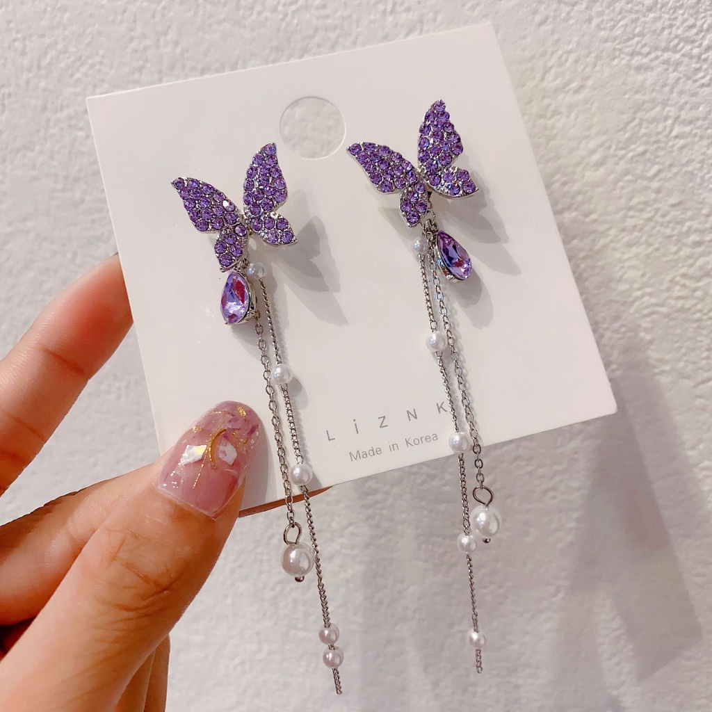 Anting Stud Rumbai Desain Kupu-Kupu Aksen Mutiara Gaya Korea Untuk Hadiah