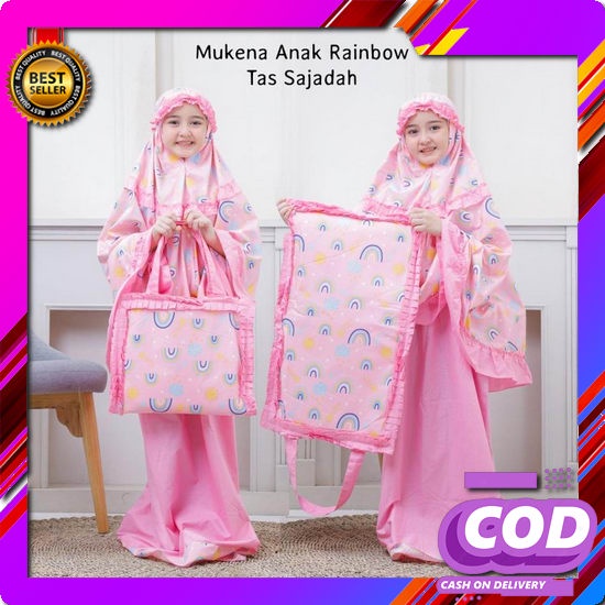 Mukena Zahra And Kids Adem Lady Zara Flowy By Fania Mukena Anak Katun Rainbow Pink ( Tas Sajadah ) -