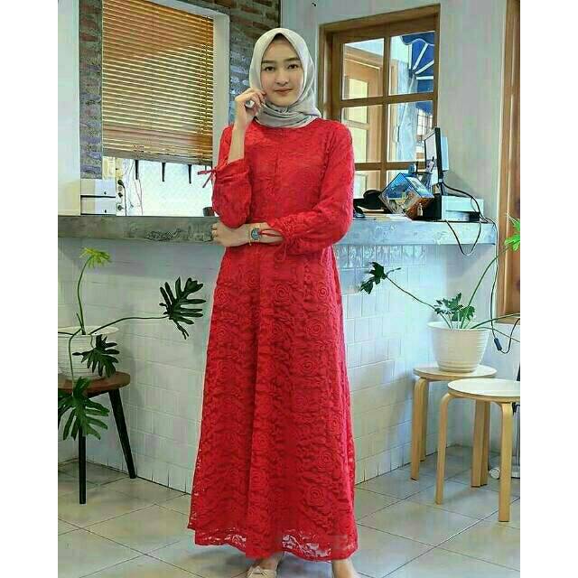 Camelia Brukat dress furing|gamis brokat pesta brocade warna merah,hitam,navy,pink,cream bridesmaids