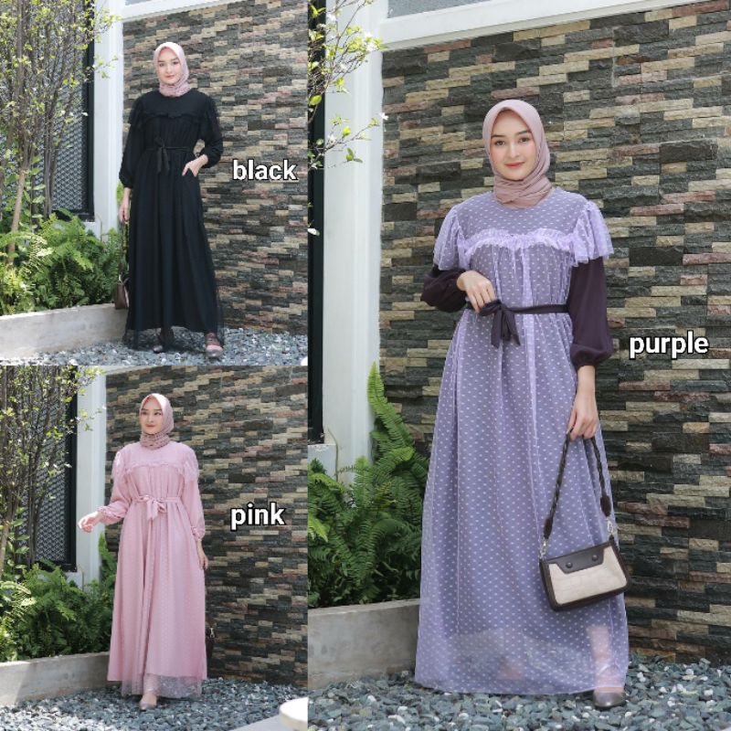 ld 106 NEW DOTY MAXI DRESS - Gamis Combi Tile Dot Free Belt