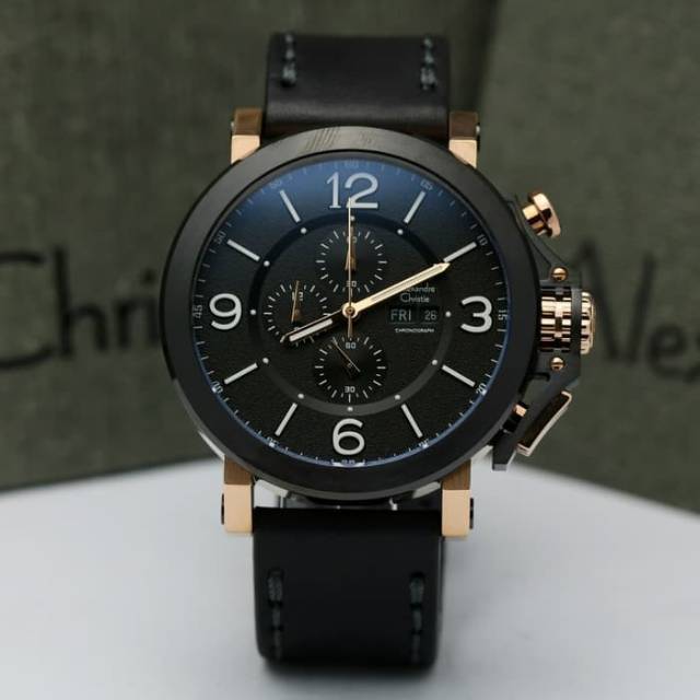 JAM TANGAN PRIA ALEXANDRE CHRISTIE COWOK ROSE GOLD BLACK TALI KULIT ORI - AC 6281 HITAM ROSEGOLD