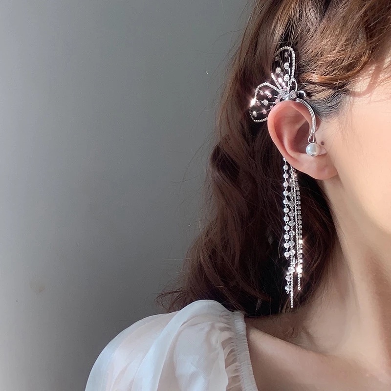 Anting Tusuk Gantung Wanita Desain Kupu-Kupu Hias Mutiara + Berlian Imitasi Gaya Korea / Elegan / Bohemia