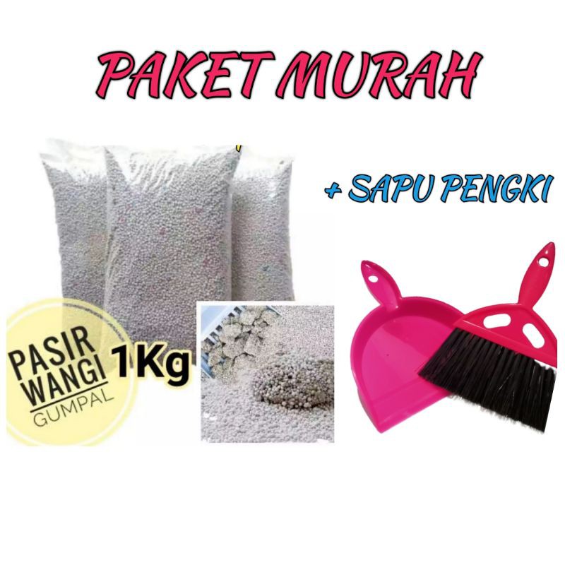 Paket Murah 1kg Pasir Kucing Wangi + 1set  Sapu Pengki