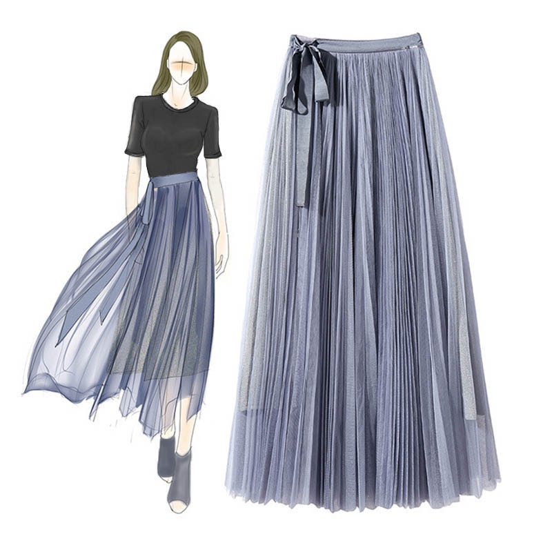 Jual Rok Plisket Premium Silver mesh half length skirt for lady Xia Gao Yao Xian long and thin lace
