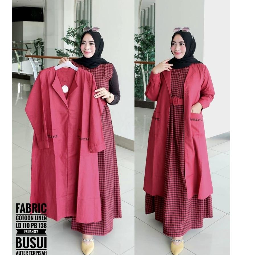 QF. Gamis Plust tunik motif kotak 886  GESPER / gamis / setelan gamis tunik / gamis terbaru / Gamis 