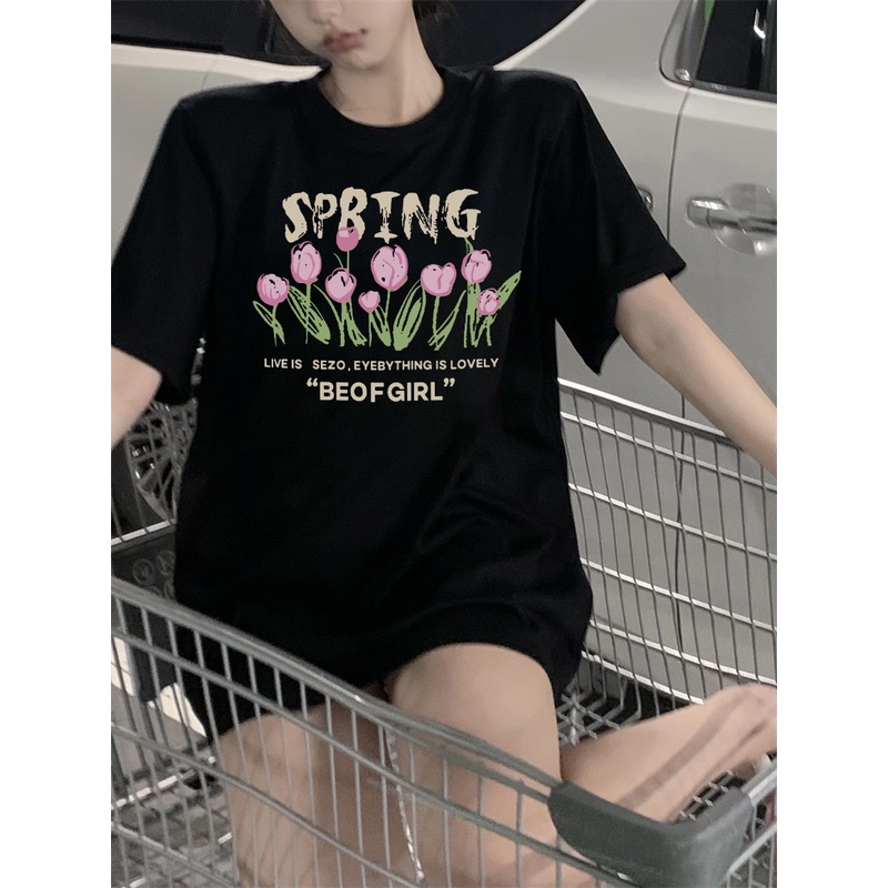 XIAOZHAINV Korean Style Tulip Pattern Printing Kaos Wanita A0019