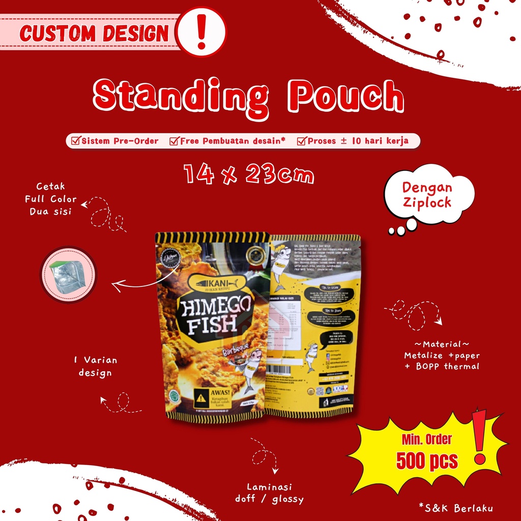 CETAK Kemasan standing pouch ziplock Printing custom desain. Uk. 14x23cm/14x24cm