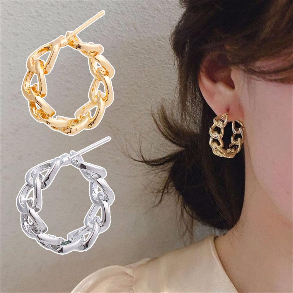 Solighter Anting Hoop Perhiasan Pesta Minimalis Rantai Berongga Logam